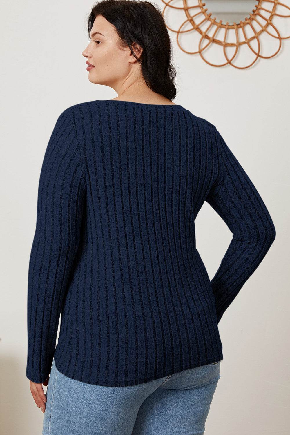 Basic Bae Full Size Ribbed V-Neck Long Sleeve T-Shirt - Delanoir