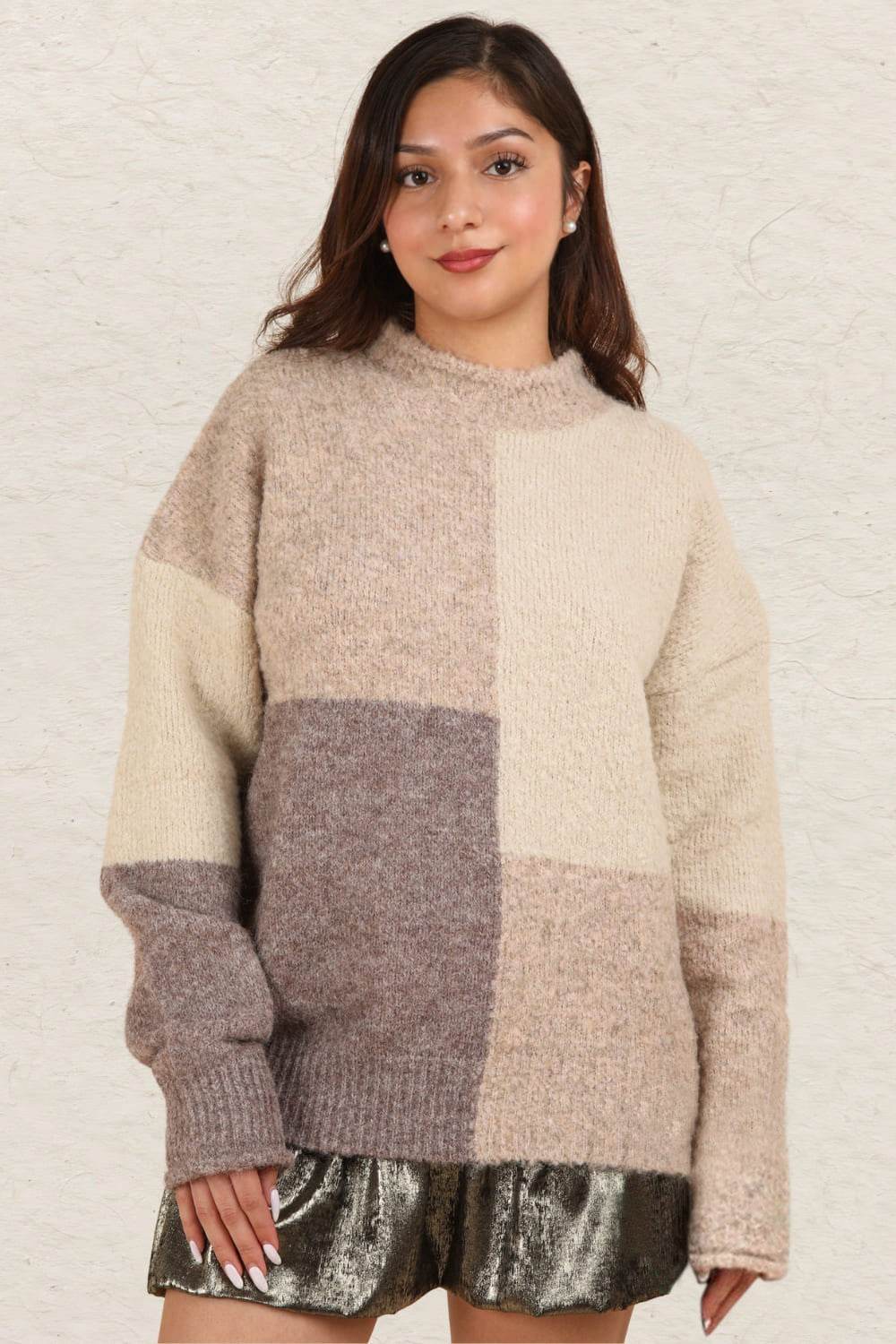 VERY J Color Block Mock Neck Drop Shoulder Sweater - Delanoir