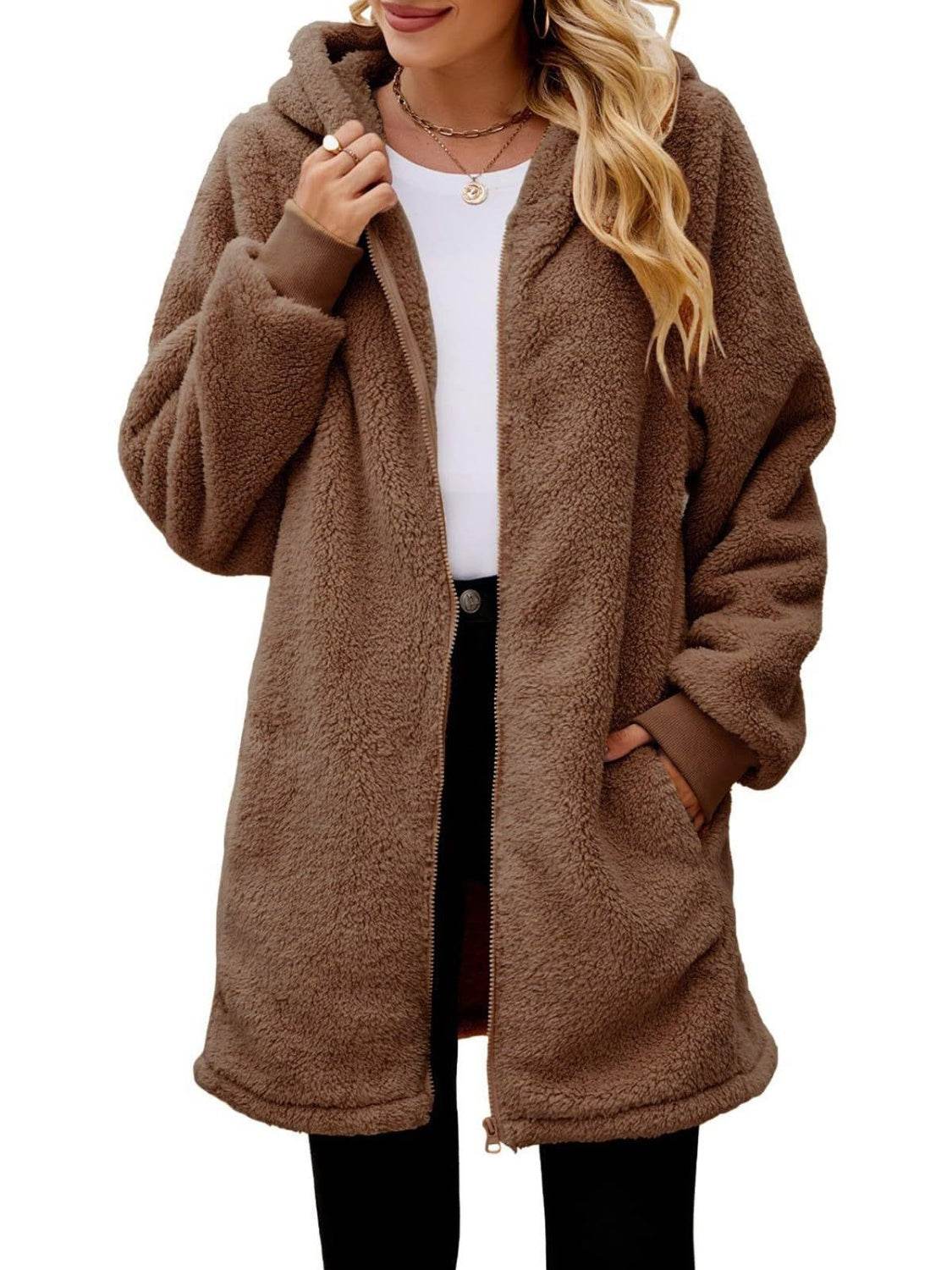 Fuzzy Pocketed Zip Up Long Sleeve Hooded Jacket - Delanoir