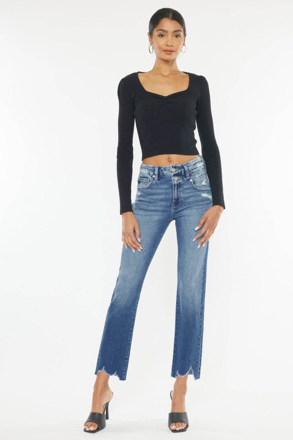Kancan High Rise Wide Waistband Slim Straight Jeans - Delanoir