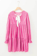 Tied Round Neck Flounce Sleeve Mini Dress - Delanoir