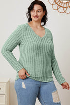 Basic Bae Full Size Ribbed V-Neck Long Sleeve T-Shirt - Delanoir