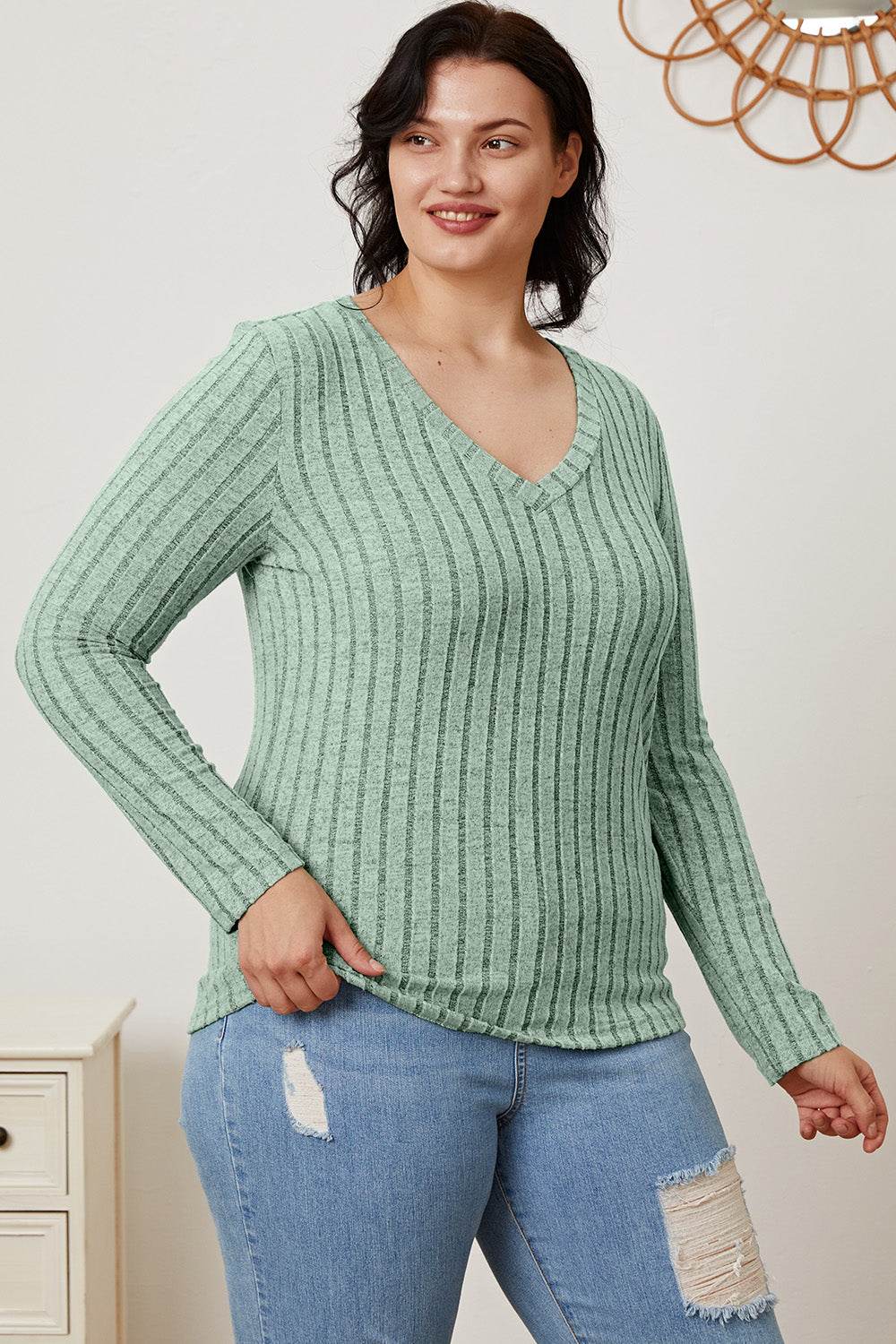 Basic Bae Full Size Ribbed V-Neck Long Sleeve T-Shirt - Delanoir