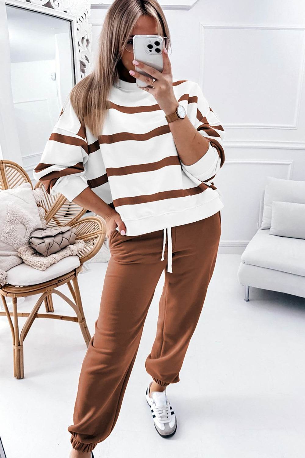 Striped Round Neck Long Sleeve Top and Pants Set - Delanoir