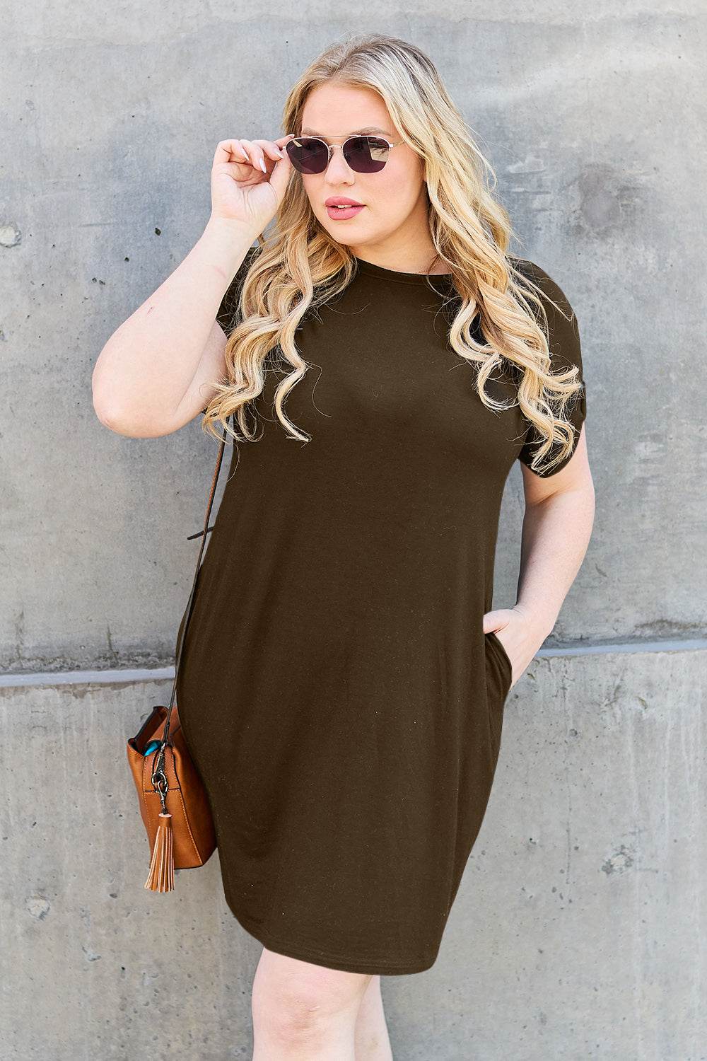 Basic Bae Full Size Round Neck Short Sleeve Dress with Pockets - Delanoir