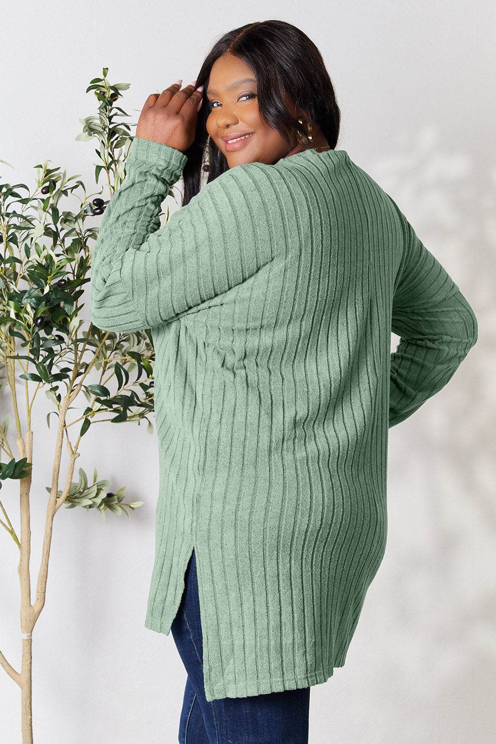 Basic Bae Full Size Ribbed Round Neck Long Sleeve Slit Top - Delanoir