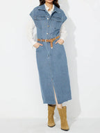 Slit Half Button Collared Neck Cap Sleeve Denim Dress - Delanoir