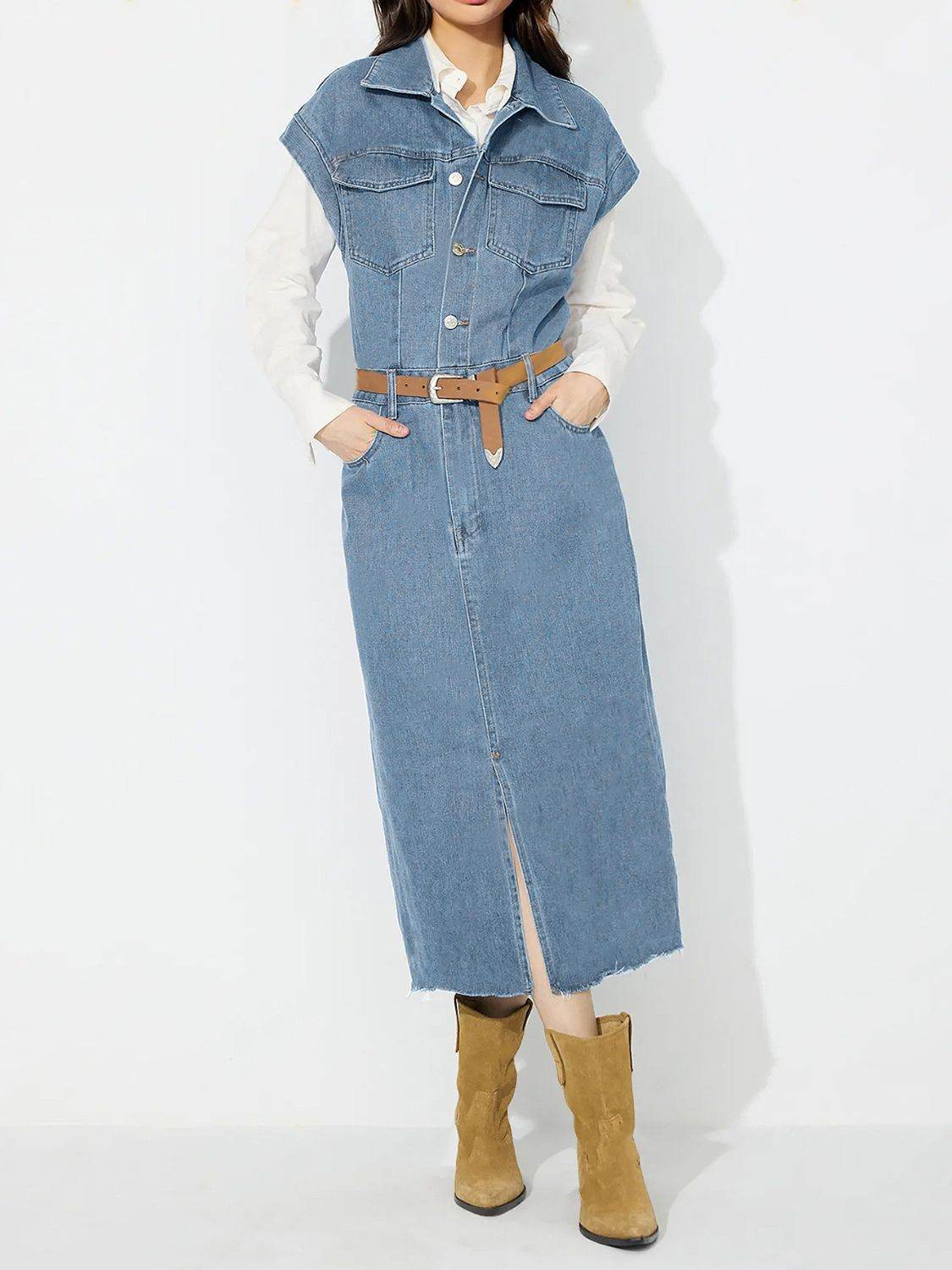 Slit Half Button Collared Neck Cap Sleeve Denim Dress - Delanoir