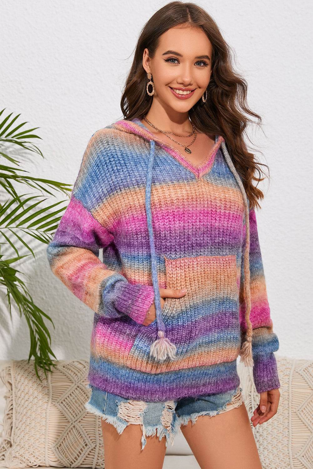 Multicolor Dropped Shoulder Hooded Sweater - Delanoir