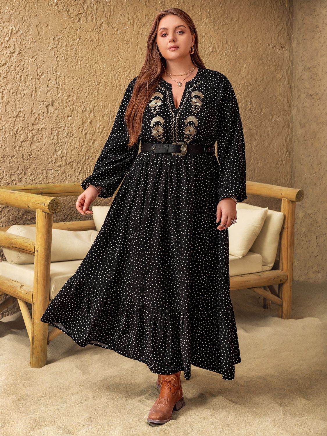 Plus Size Embroidered Polka Dot Notched Long Sleeve Dress - Delanoir