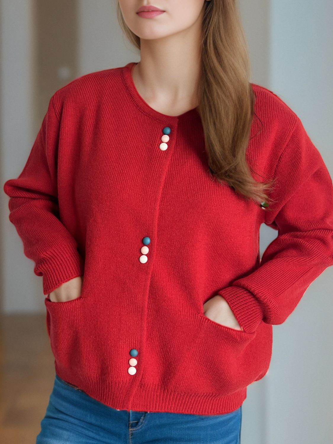 Button Down Long Sleeve Cardigan with Pockets - Delanoir
