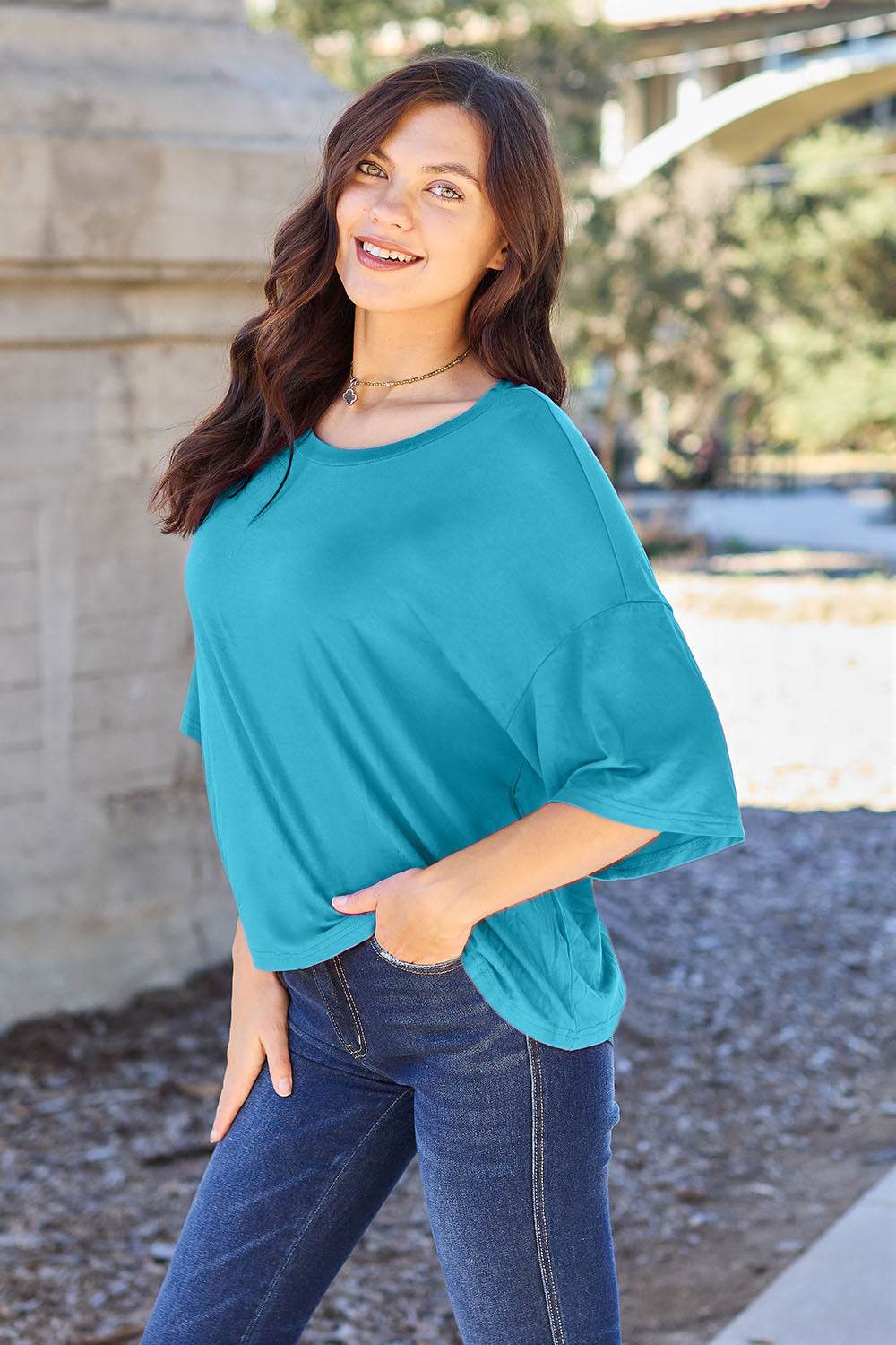 Basic Bae Full Size Round Neck Drop Shoulder T-Shirt - Delanoir