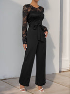 Perfee Lace Round Neck Long Sleeve Jumpsuit - Delanoir