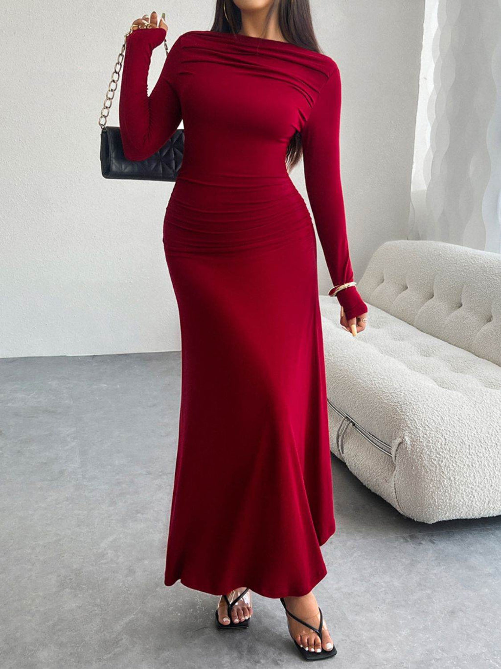 Devine Ruched Long Sleeve Maxi Dress - Delanoir