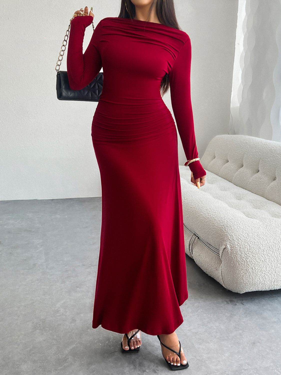 Devine Ruched Long Sleeve Maxi Dress - Delanoir