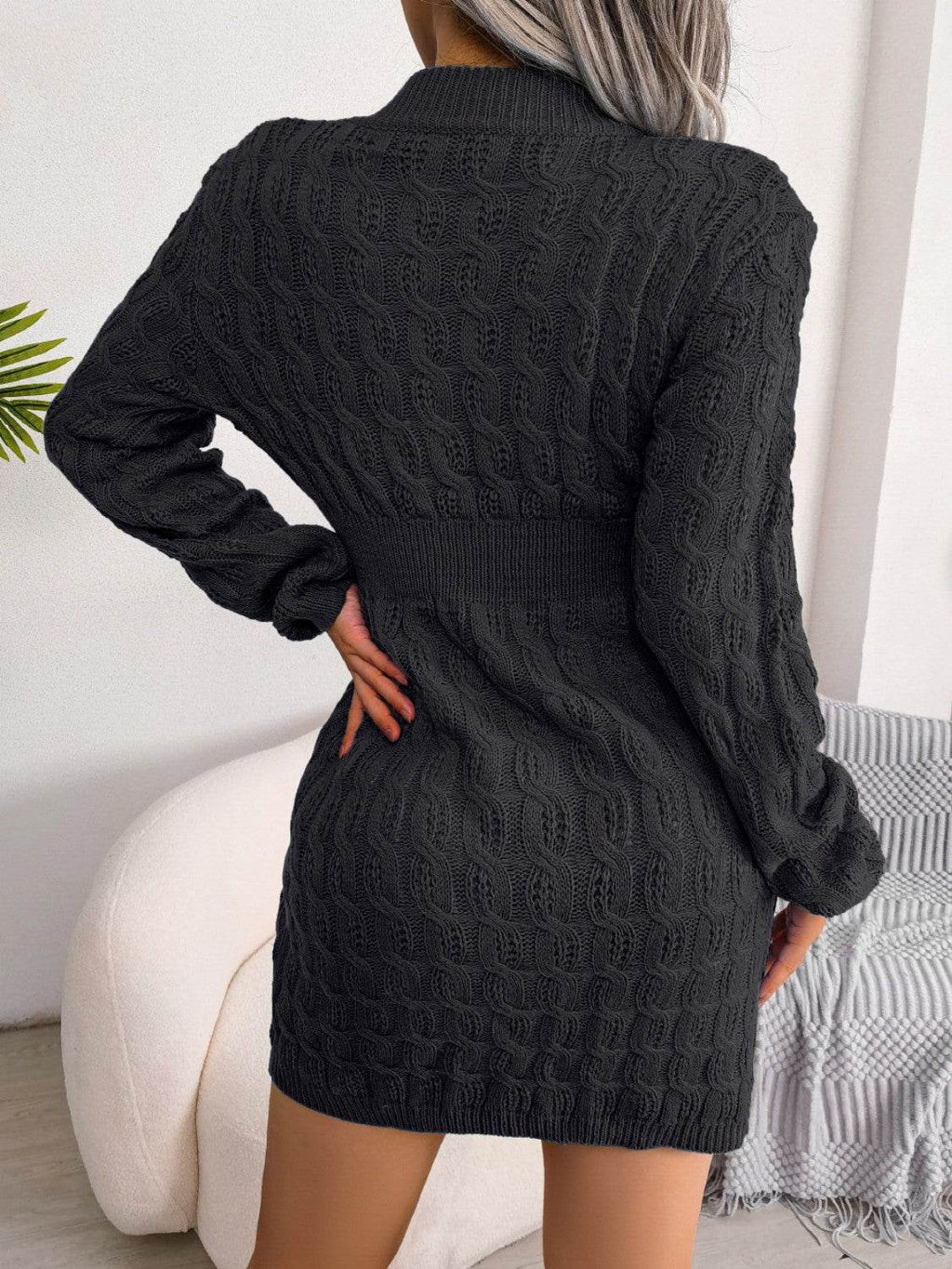 Cable-Knit Round Neck Mini Wrap Sweater Dress - Delanoir
