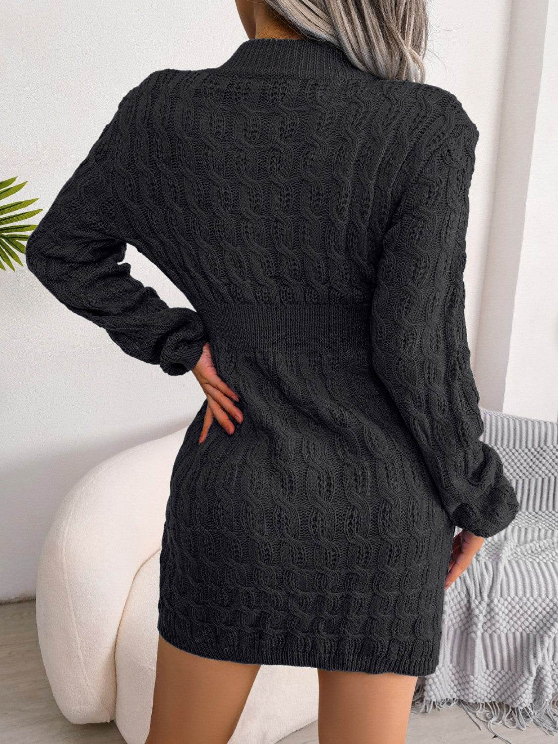 Cable-Knit Round Neck Mini Wrap Sweater Dress - Delanoir