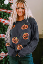 Sequin Patch Pumpkin Round Neck Sweatshirt - Delanoir