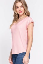 ACTIVE BASIC Lace Trim V-Neck Short Sleeve Ribbed Top - Delanoir