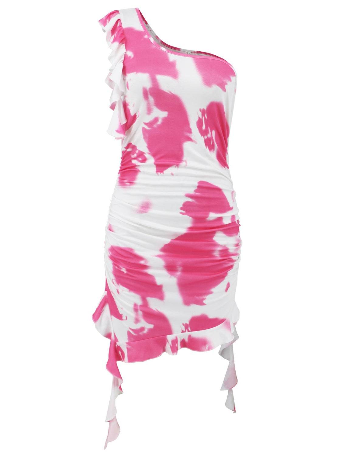 Ruffled Tie-Dye Single Shoulder Mini Dress - Delanoir