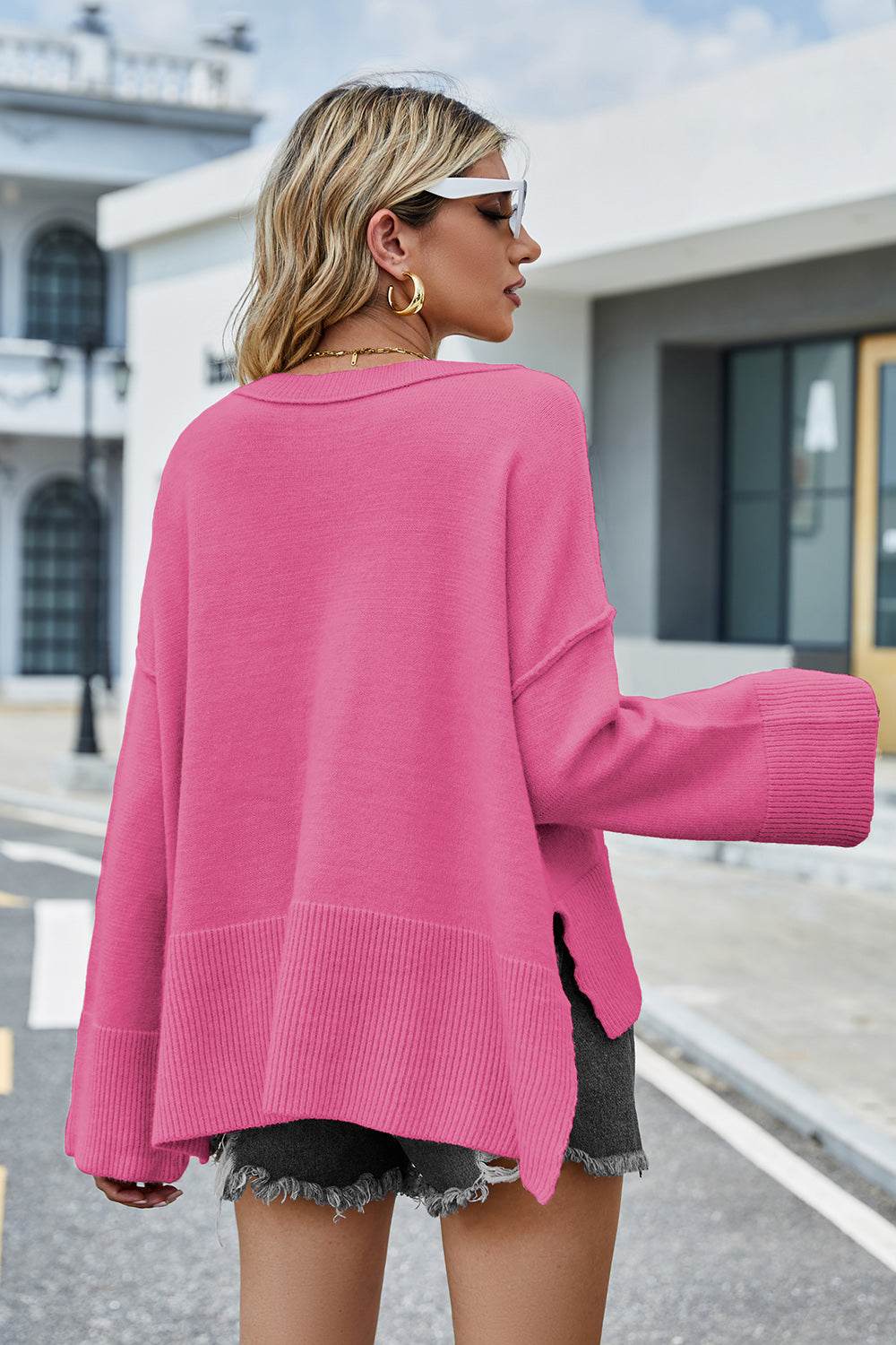 High-Low Slit Round Neck Long Sleeve Sweater - Delanoir