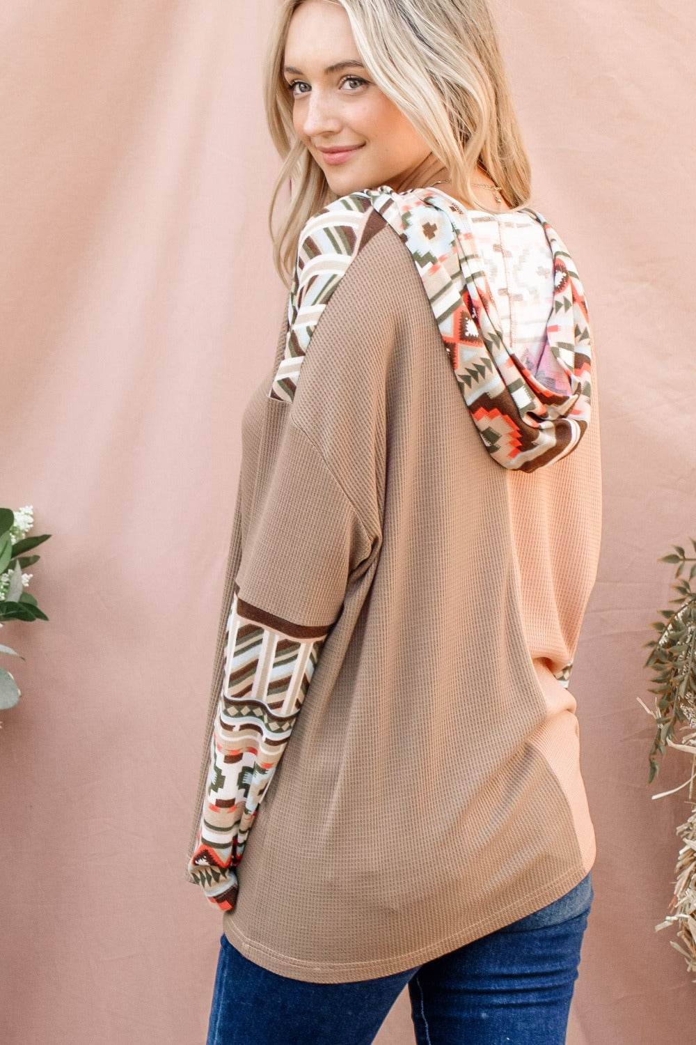 And The Why Printed Color Block Hooded Waffle Top - Delanoir