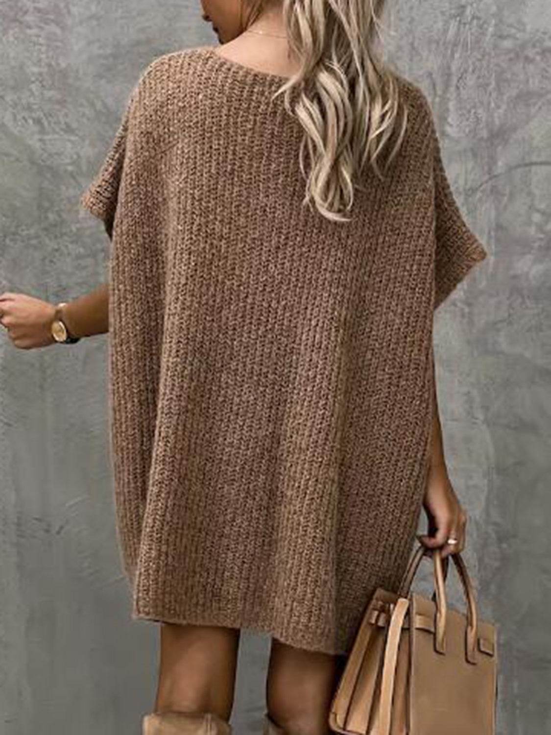 Short Sleeve Sweater Dress with Pockets - Delanoir