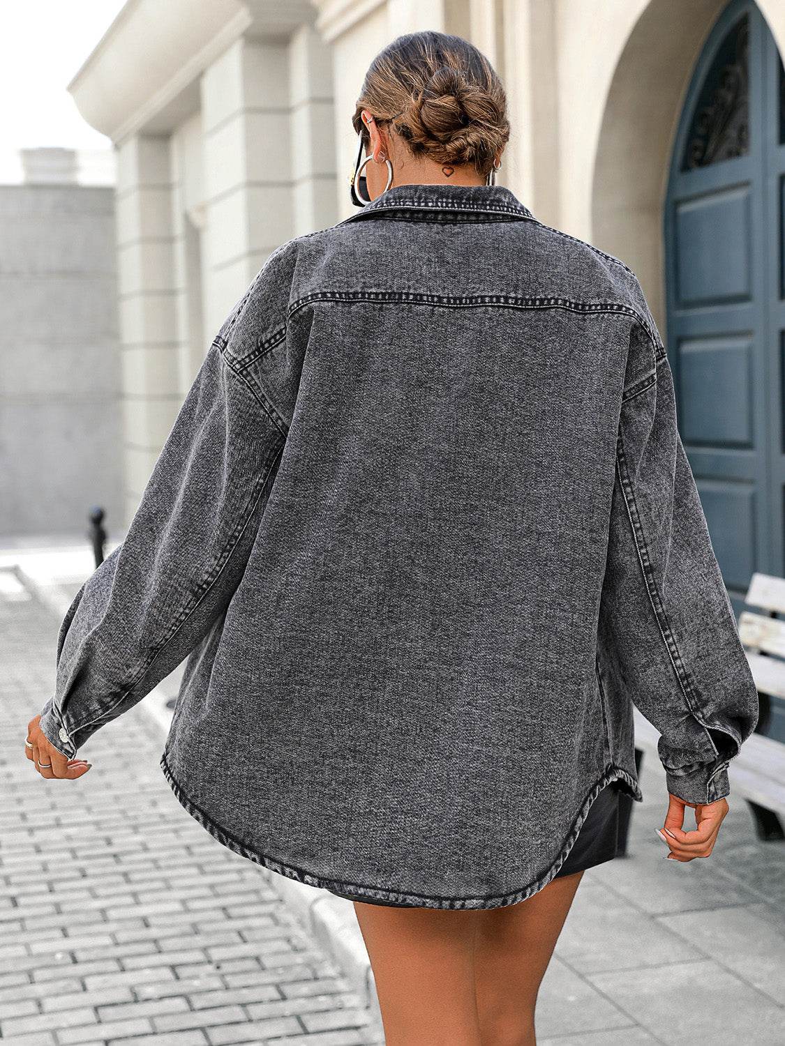 Button Up Long Sleeve Fleece Denim Jacket - Delanoir