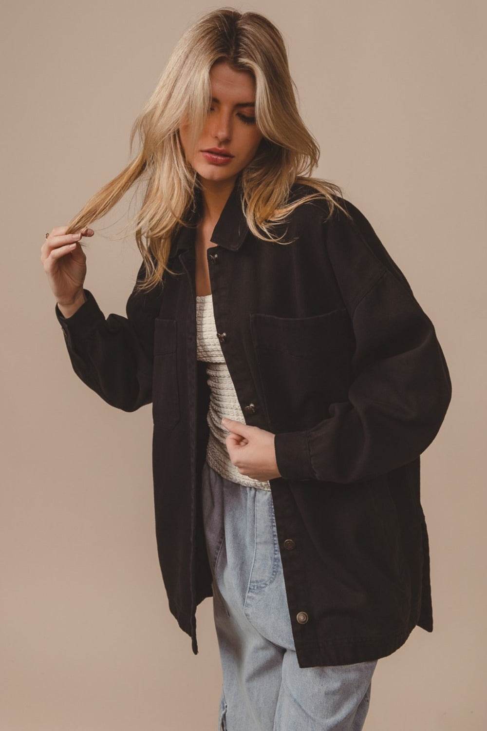 BiBi Button Up Washed Jacket with Pockets - Delanoir
