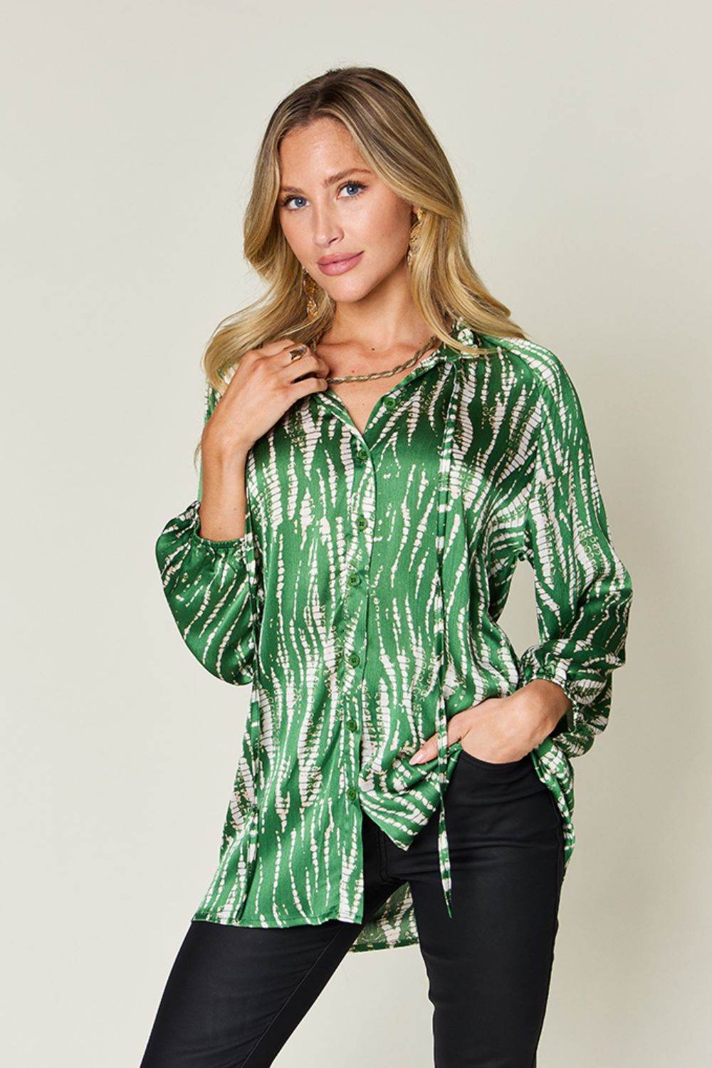Double Take Full Size Printed Button Up Long Sleeve Shirt - Delanoir