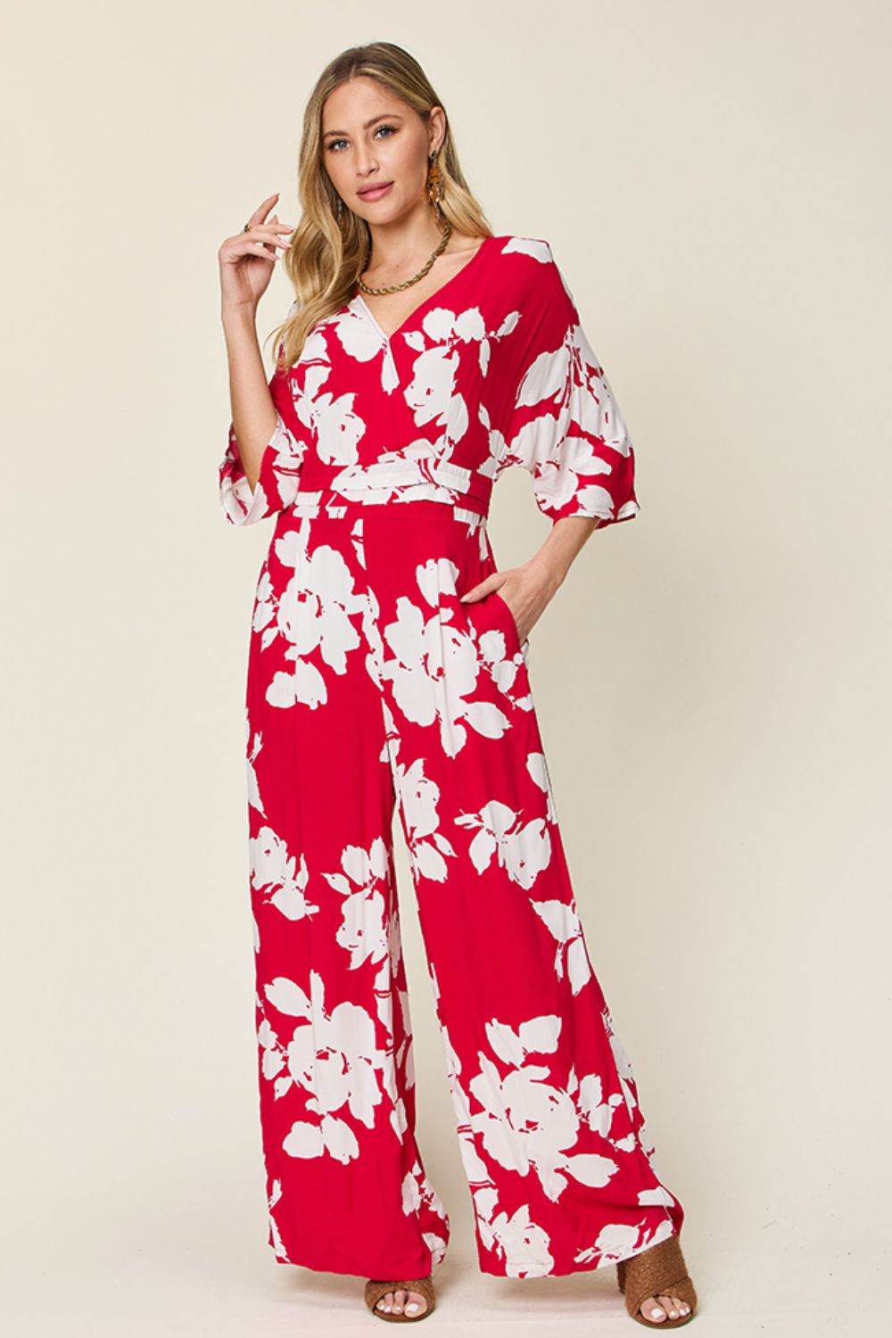 Double Take Full Size Printed Tie Back Wide Leg Jumpsuit - Delanoir
