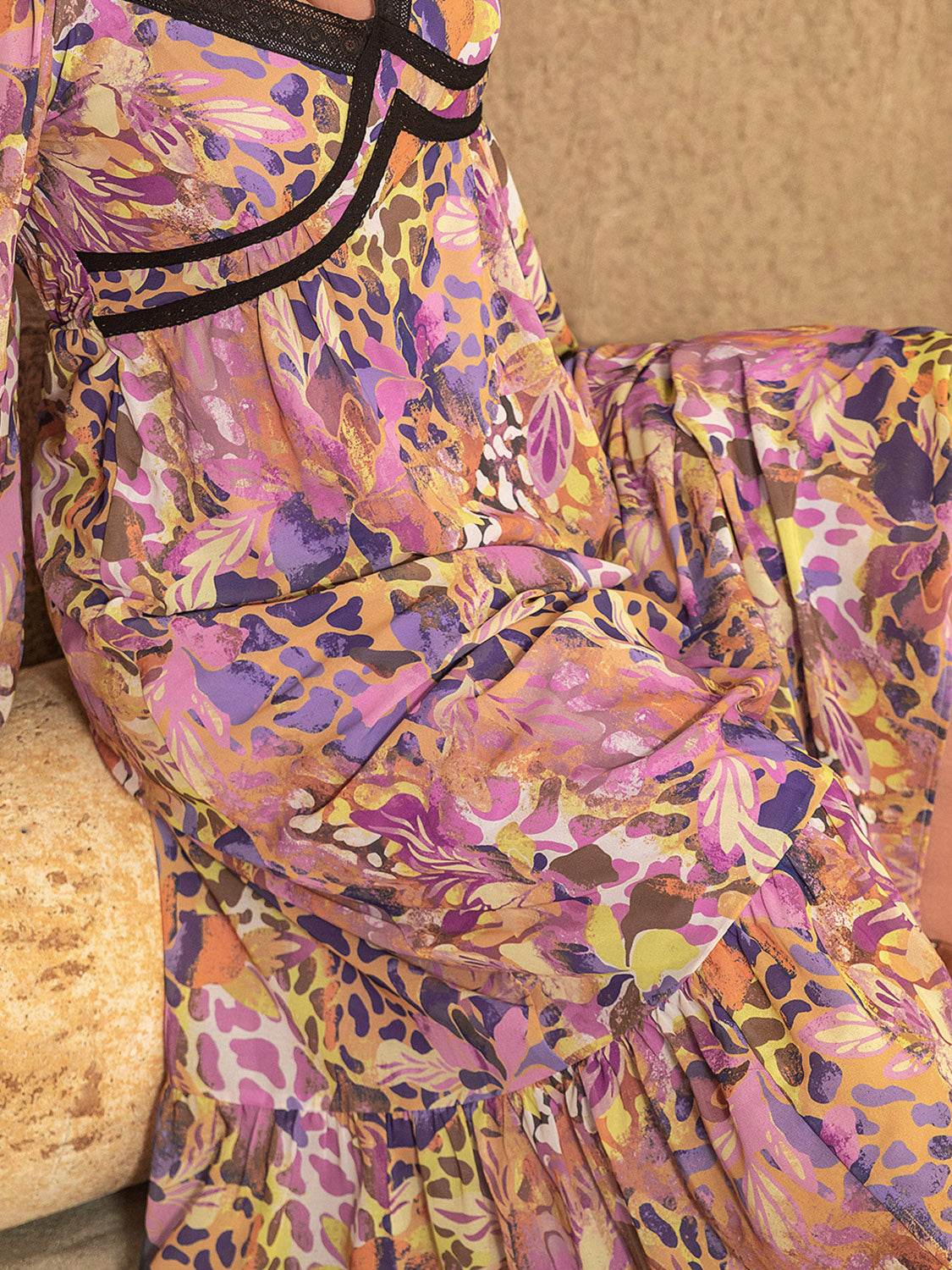 Plus Size Lace Detail Printed V-Neck Long Sleeve Midi Dress - Delanoir