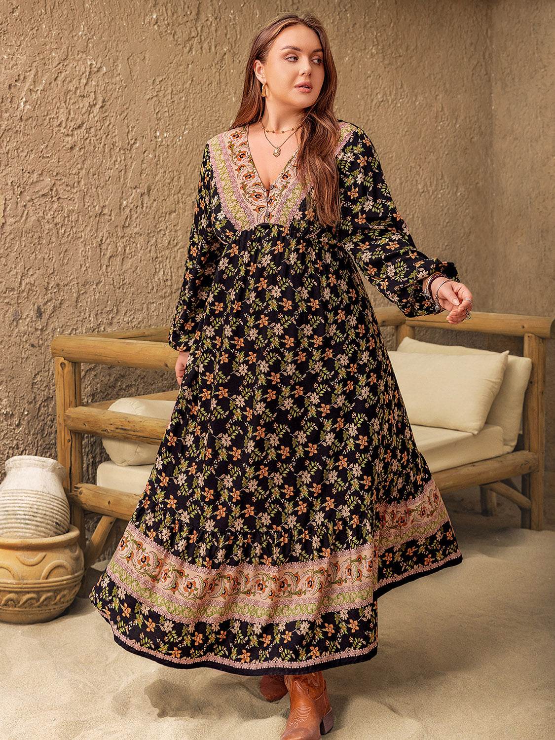 Plus Size Floral V-Neck Balloon Sleeve Dress - Delanoir