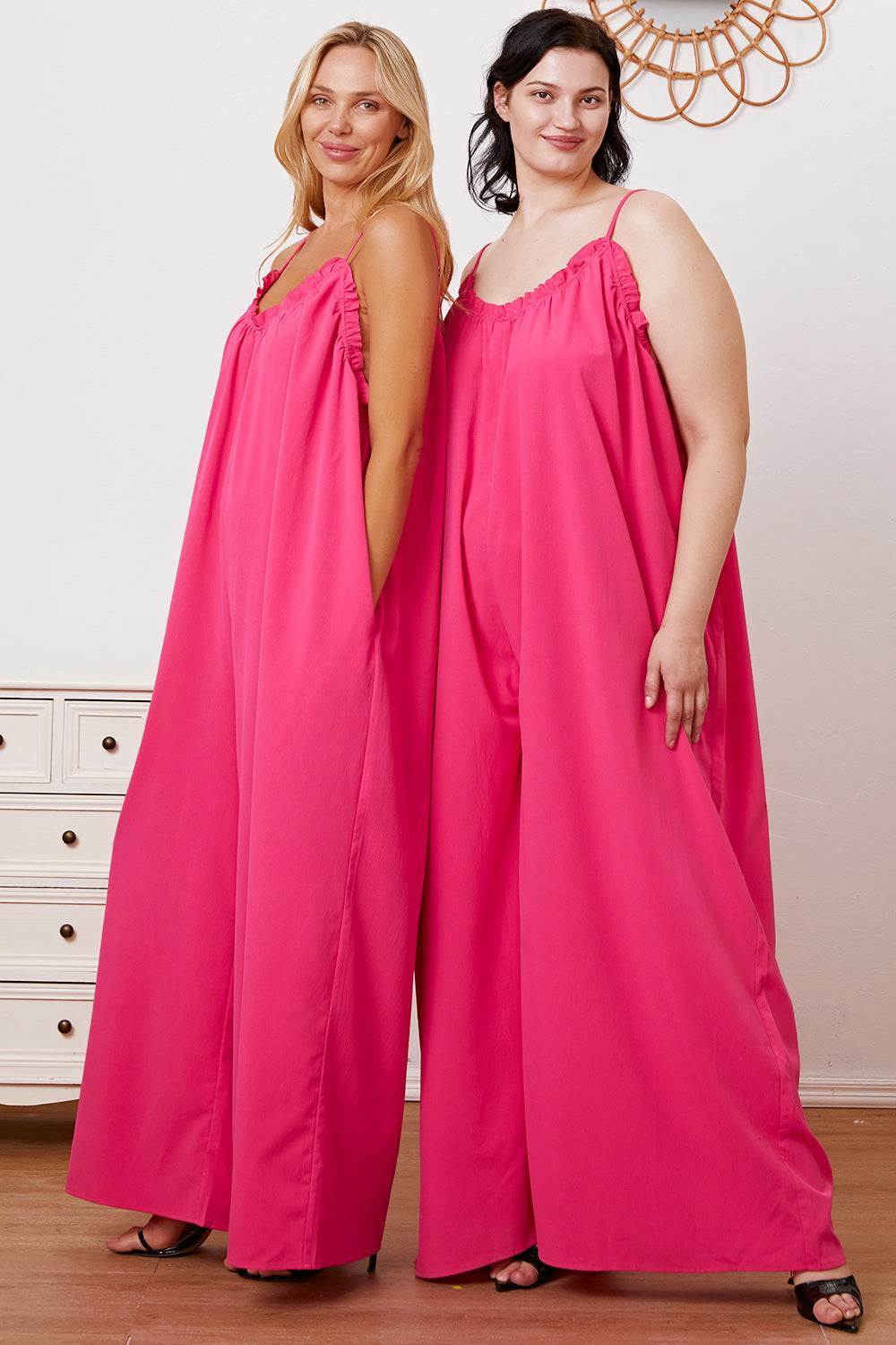 Double Take Full Size Ruffle Trim Tie Back Cami Jumpsuit with Pockets - Delanoir