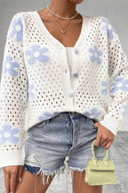 Flower Hollowed Out Button Down Long Sleeve Cardigan - Delanoir