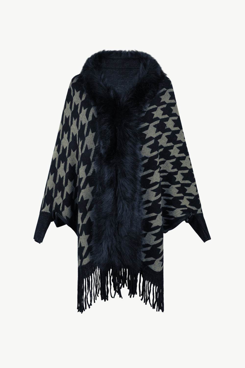 Houndstooth Fringe Hem Poncho - Delanoir