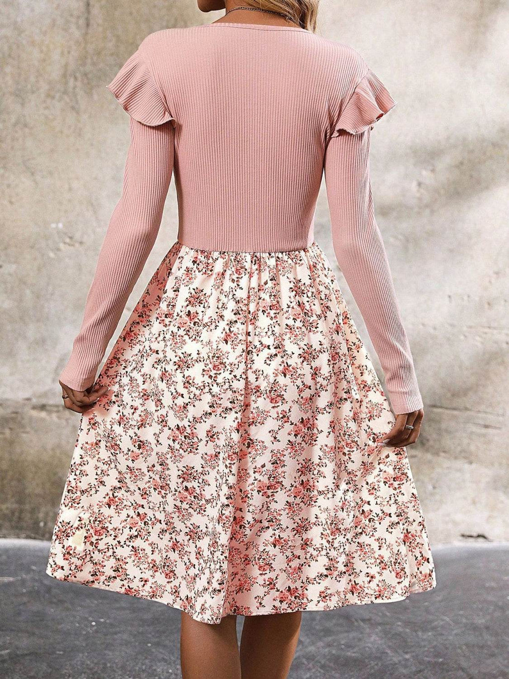 Ruffled Floral Long Sleeve Knee Length Dress - Delanoir