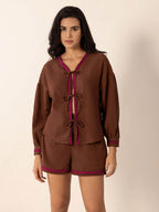 Tied V-Neck Long Sleeve Top and Shorts Set - Delanoir