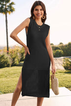 Slit Round Neck Sleeveless Sweater Dress - Delanoir