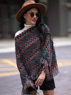 Shiny Fringe Hem Boat Neck Poncho - Delanoir