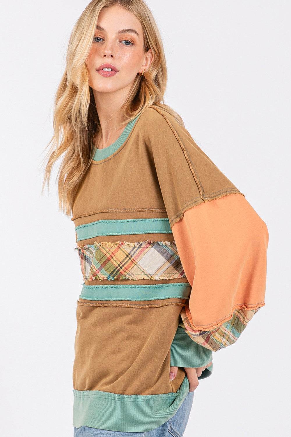 SAGE + FIG Mineral Wash Raw Edge Color Block Sweatshirt - Delanoir