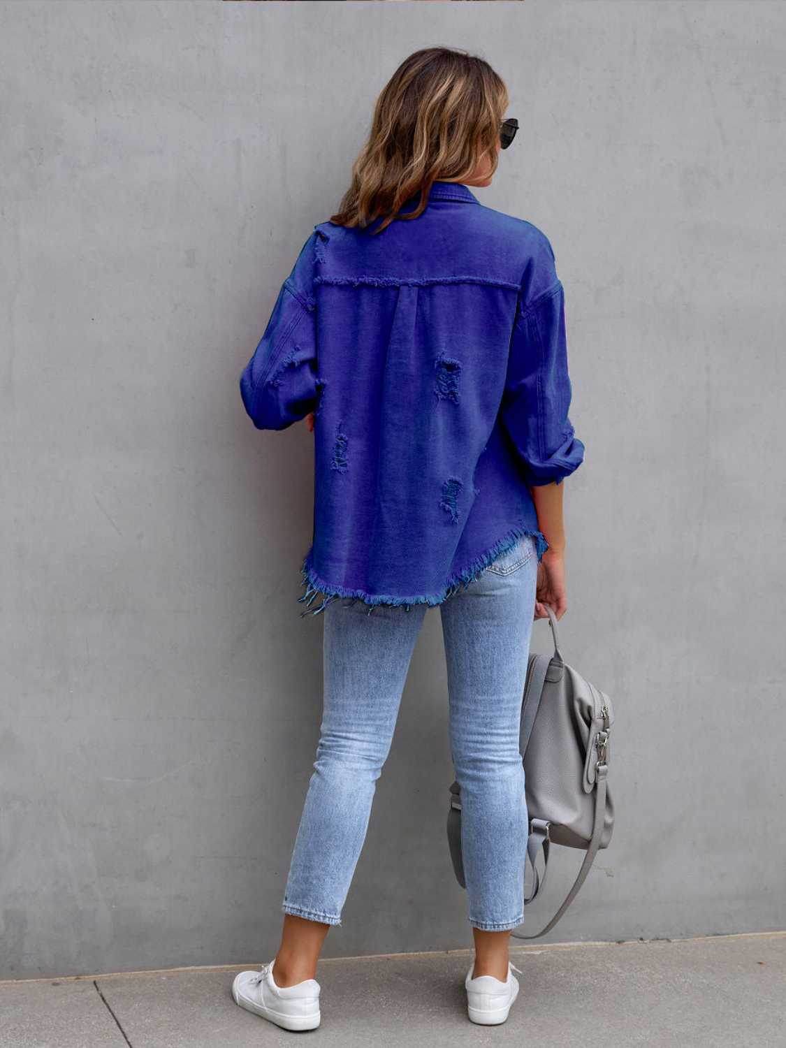 Distressed Drop Shoulder Denim Jacket - Delanoir