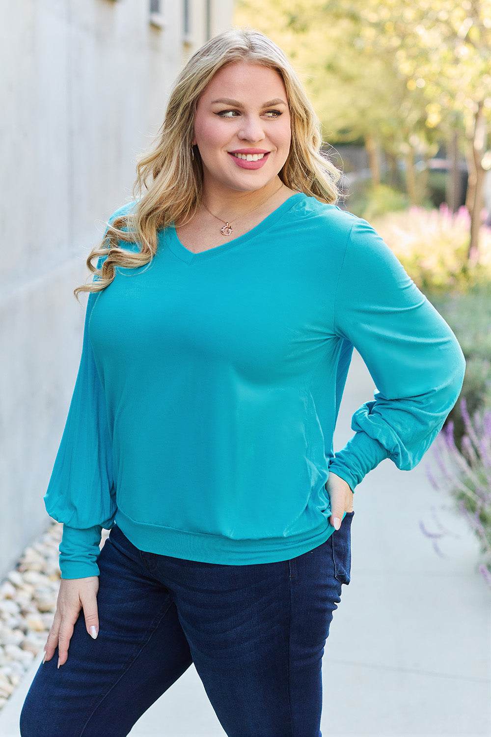 Basic Bae Full Size V-Neck Lantern Sleeve Top - Delanoir