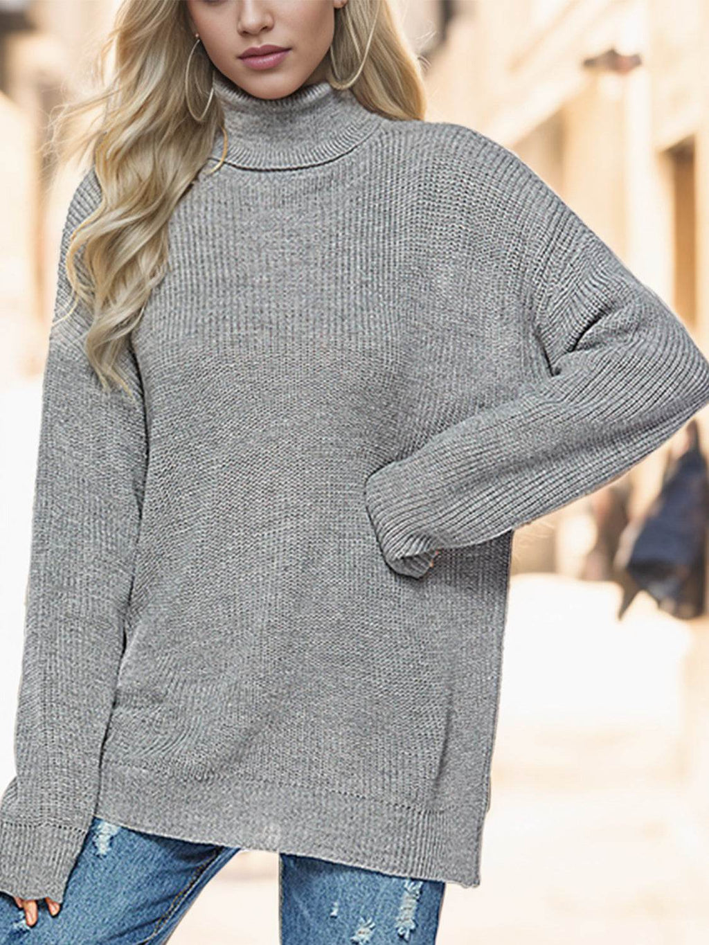 Turtleneck Drop Shoulder Long Sleeve Sweater - Delanoir