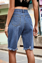 Raw Hem High Waist Denim Shorts with Pockets - Delanoir