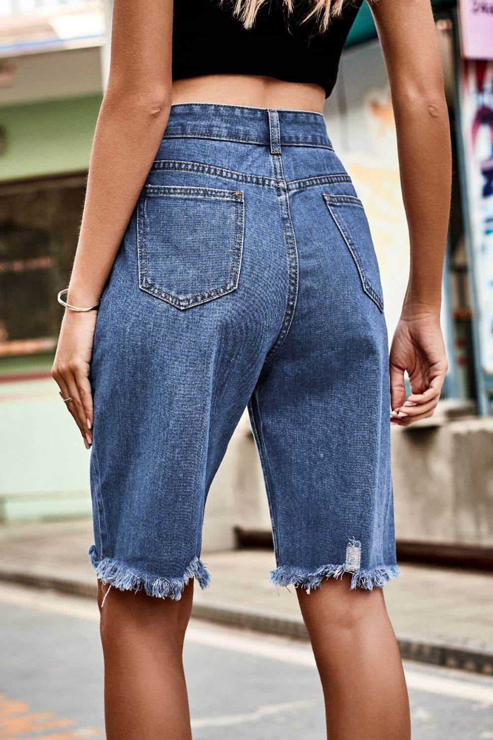 Raw Hem High Waist Denim Shorts with Pockets - Delanoir