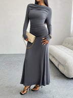 Devine Ruched Long Sleeve Maxi Dress - Delanoir