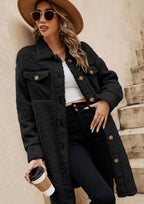 Collared Neck Long Sleeve Longline Teddy Jacket - Delanoir