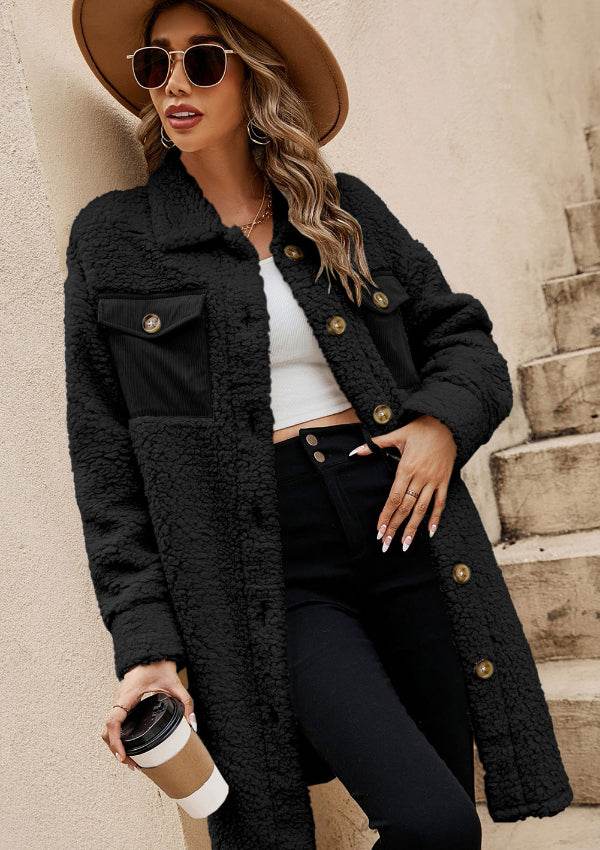 Collared Neck Long Sleeve Longline Teddy Jacket - Delanoir