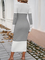 Devine Striped V-Neck Long Sleeve Sweater Dress - Delanoir